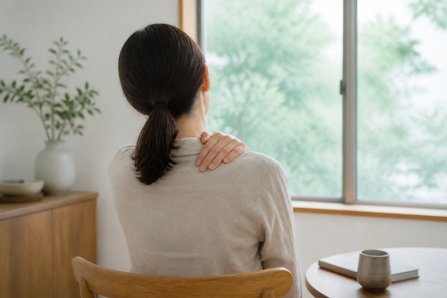 窓辺の椅子に座り、肩に手をあてる女性